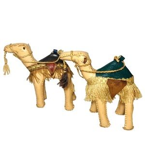Hand Crafted Camels Figurines/Toys Set of 2 Sewn Leather Saddles Bridles Fringe
